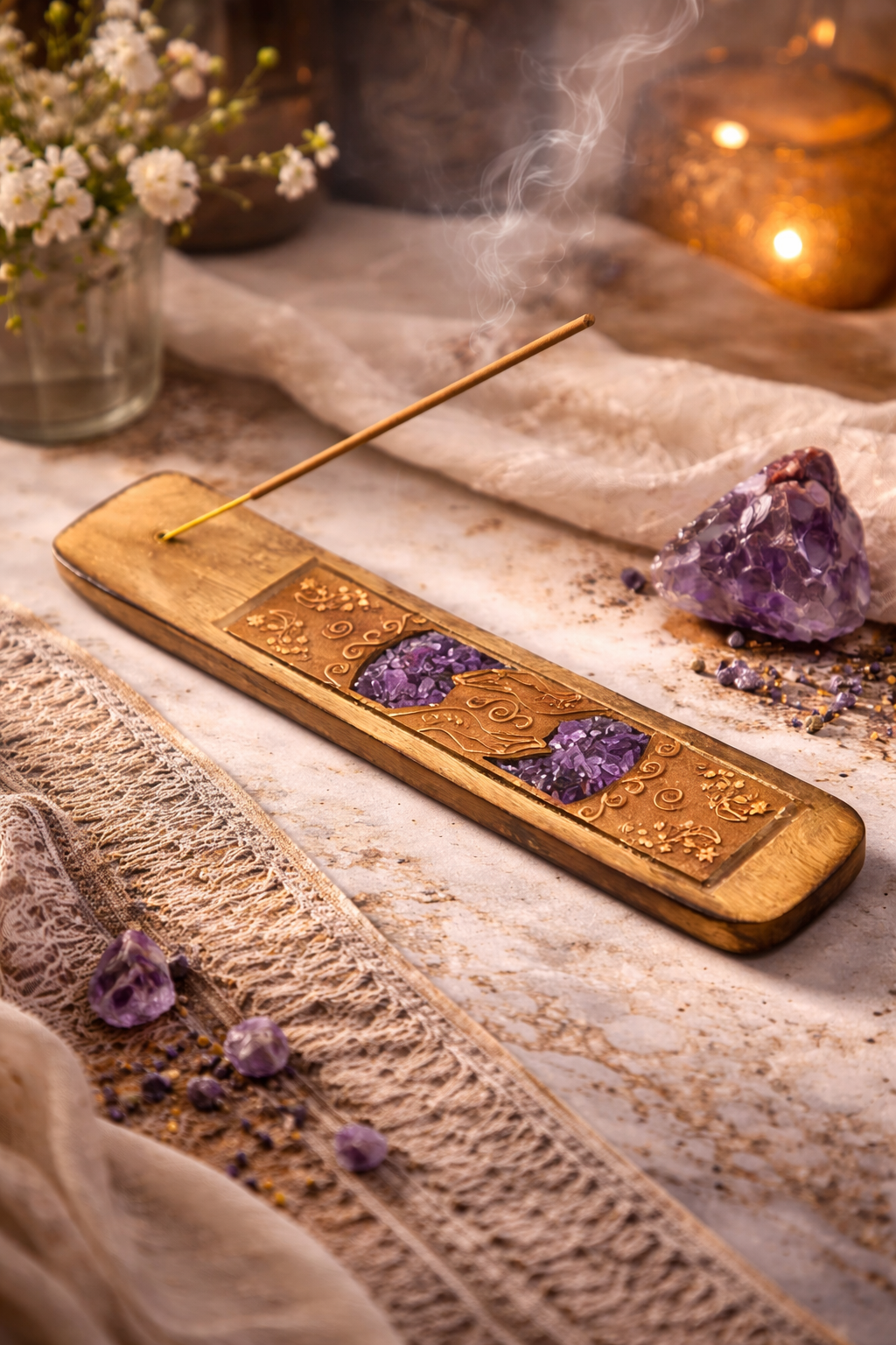 Porte-encens mains guérisseuse & Améthyste
