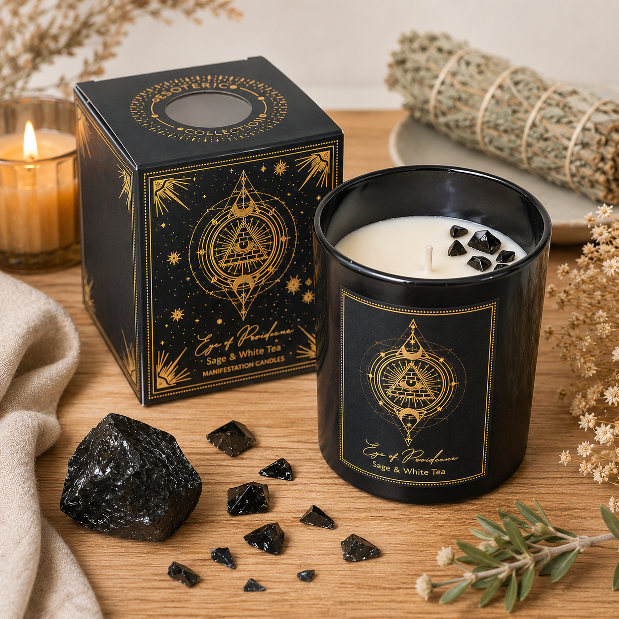 🖤 Bougie d’Intention « Oeil de la Providence » – Sauge & Thé Blanc