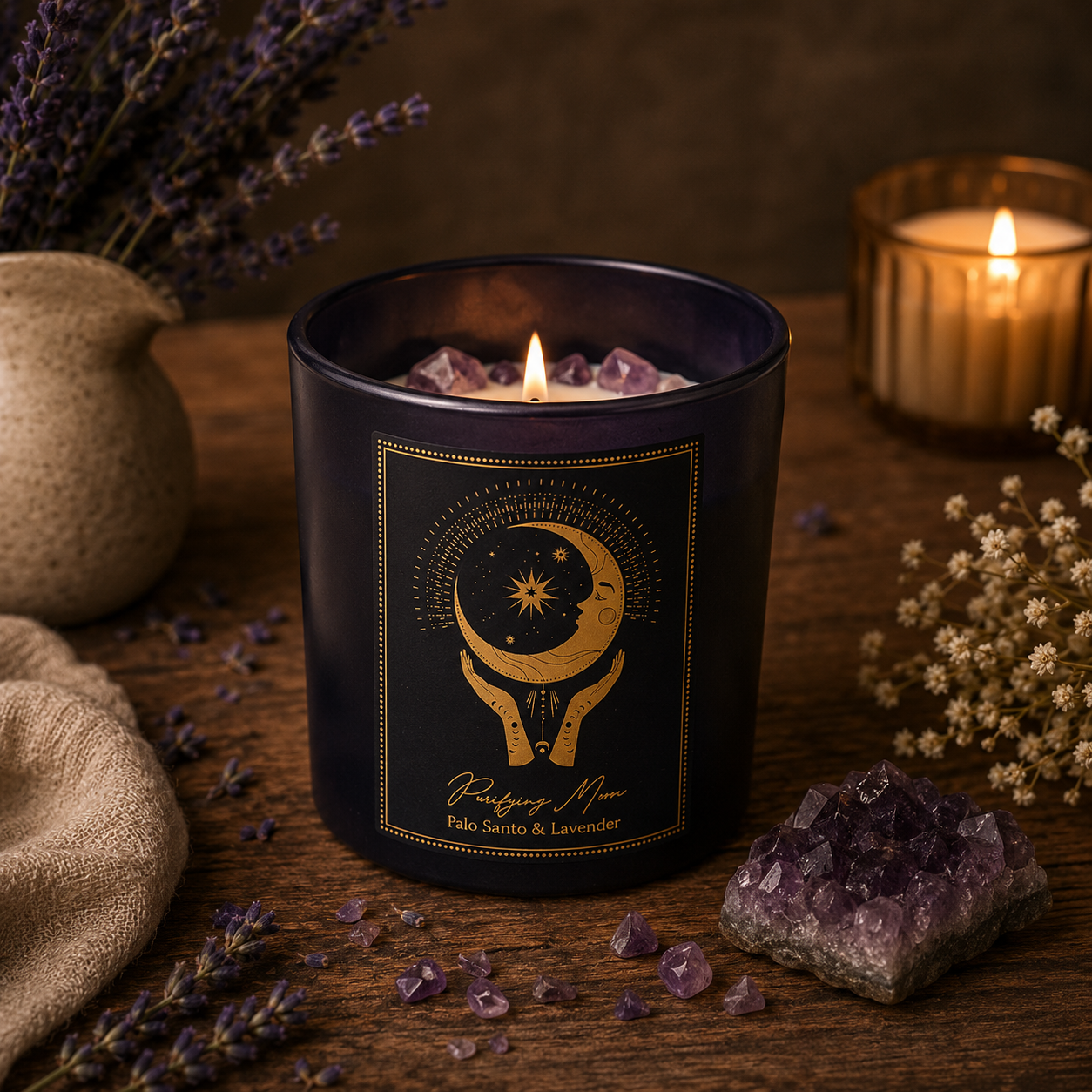🌙 Bougie d’Intention « Lune Purifiante » – Palo Santo & Lavande