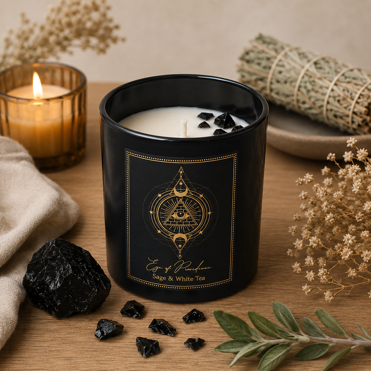 🖤 Bougie d’Intention « Oeil de la Providence » – Sauge & Thé Blanc